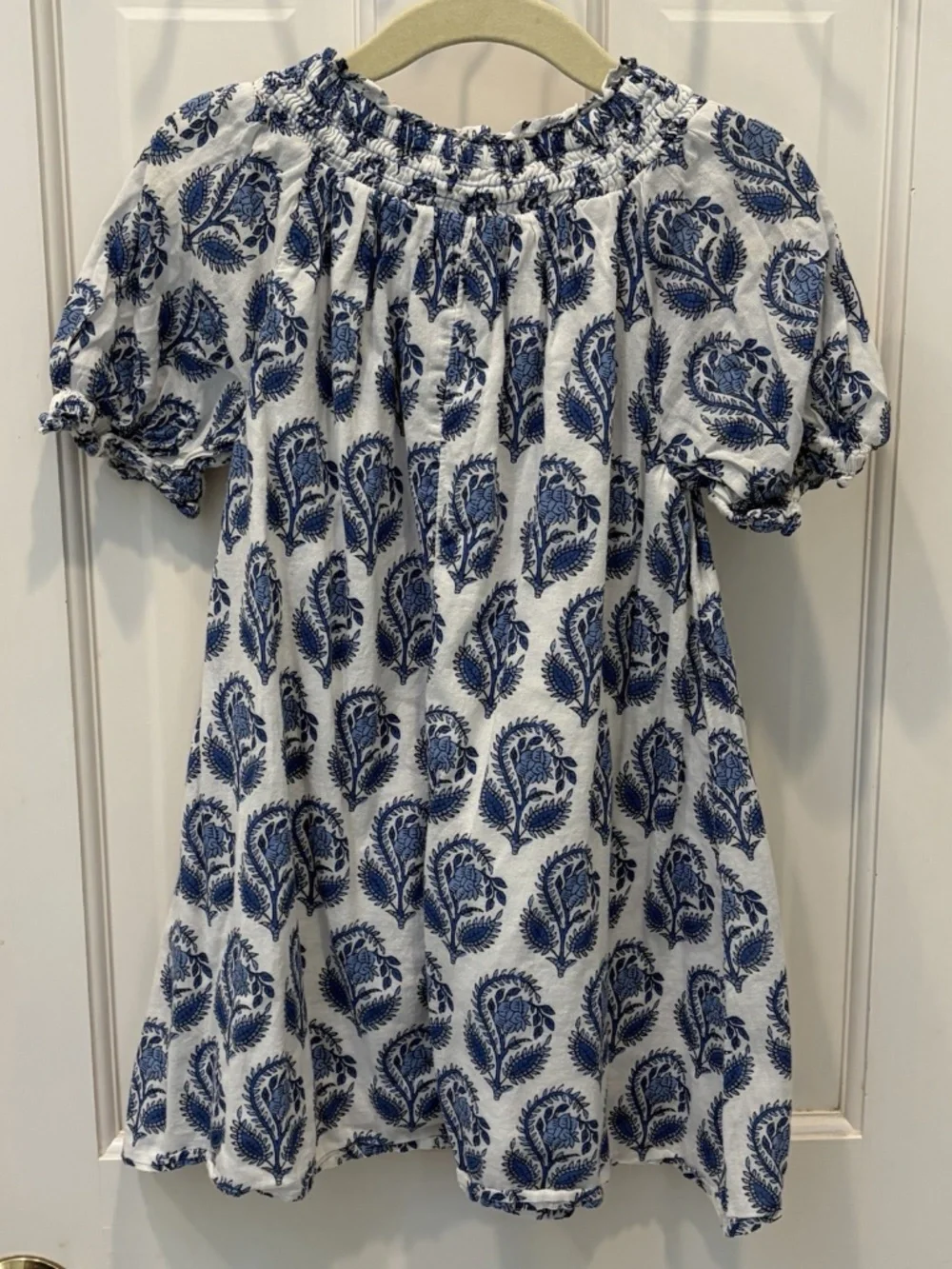 Crewcuts Girls Size 4 Blue White Smocked Lined Puff Sleeve 100% Cotton Dress
